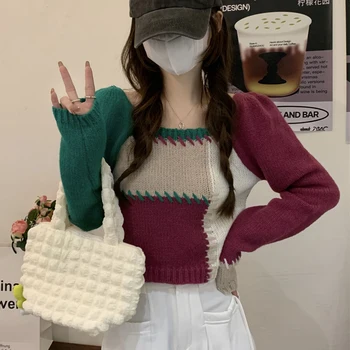 Винтажный трикотаж с квадратным воротником, женские джемперы в корейском стиле с цветным блоком, джемперы с длинными рукавами, женские модные облегающие пуловеры, облегающие топы