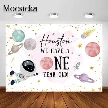 Mocsicka 1st Birthday Party Background для девочки, Розовый фон космического астронавта, детский портрет, реквизит для фотостудии, декор для вечеринки, баннер