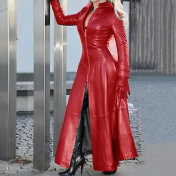 Элегантная куртка для женщин, модное женское киберпанковское пальто из искусственной кожи с воротником-лацканом, планкой на молнии, разрезным подолом, стильное