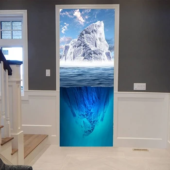 Наклейка на дверь с природным ландшафтом Наклейки на двери из Снежной горы и Ледника Самоклеящиеся ПВХ Обои Плакат с океаном Фреска для дома Гостиная