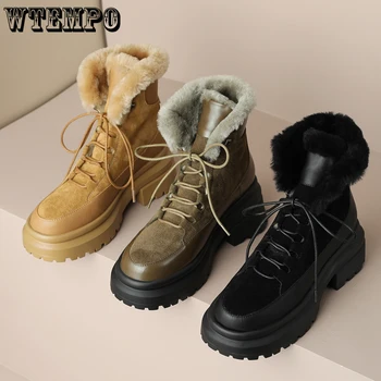 Женские зимние ботинки на платформе, коричневые плюшевые и толстые ботинки Martin, простые британские зимние теплые ботинки из овечьей шерсти, хлопчатобумажная обувь