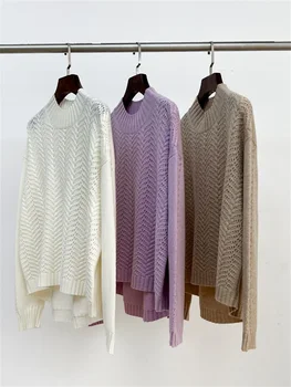 Осенний женский свитер 2023 года, однотонный повседневный вязаный пуловер с круглым вырезом и длинным рукавом, с вырезами